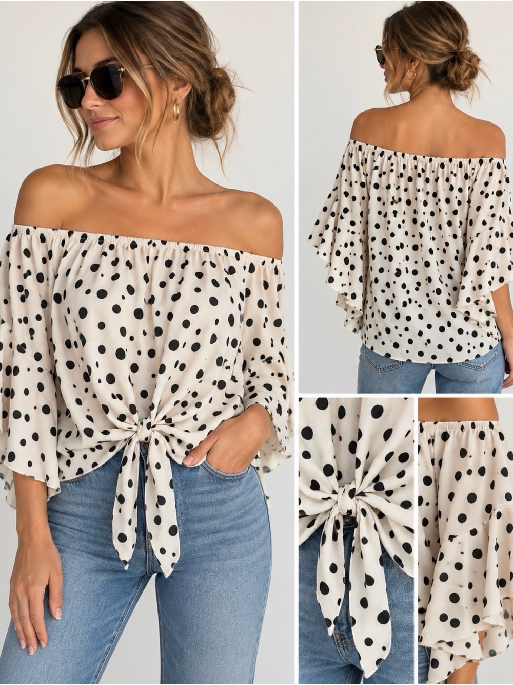 Polka Dot Off Shoulder Blouse Bell Sleeve Tie Front Women’s L